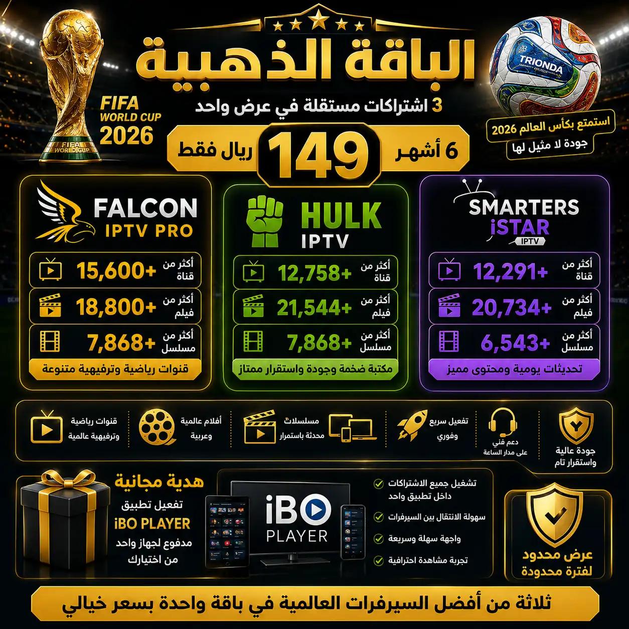 🥉 الباقة الذهبية | اشتراك هولك + اشتراك فالكون + اشتراك سمارترز | لمدة 6 أشهر | 149 ريال